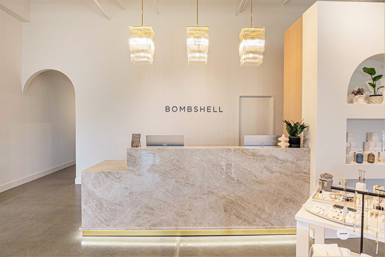 Image of the front desk at Bombshell hair salon in Holland Michigan